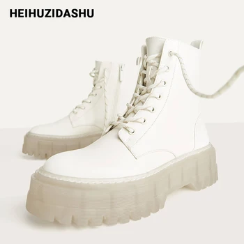 

2020 PVC Transparent Heel Ankle Boots For Women White Lace Up Platform Boots Women Autumn INS Hot Women Chunky Motorcycle Boots