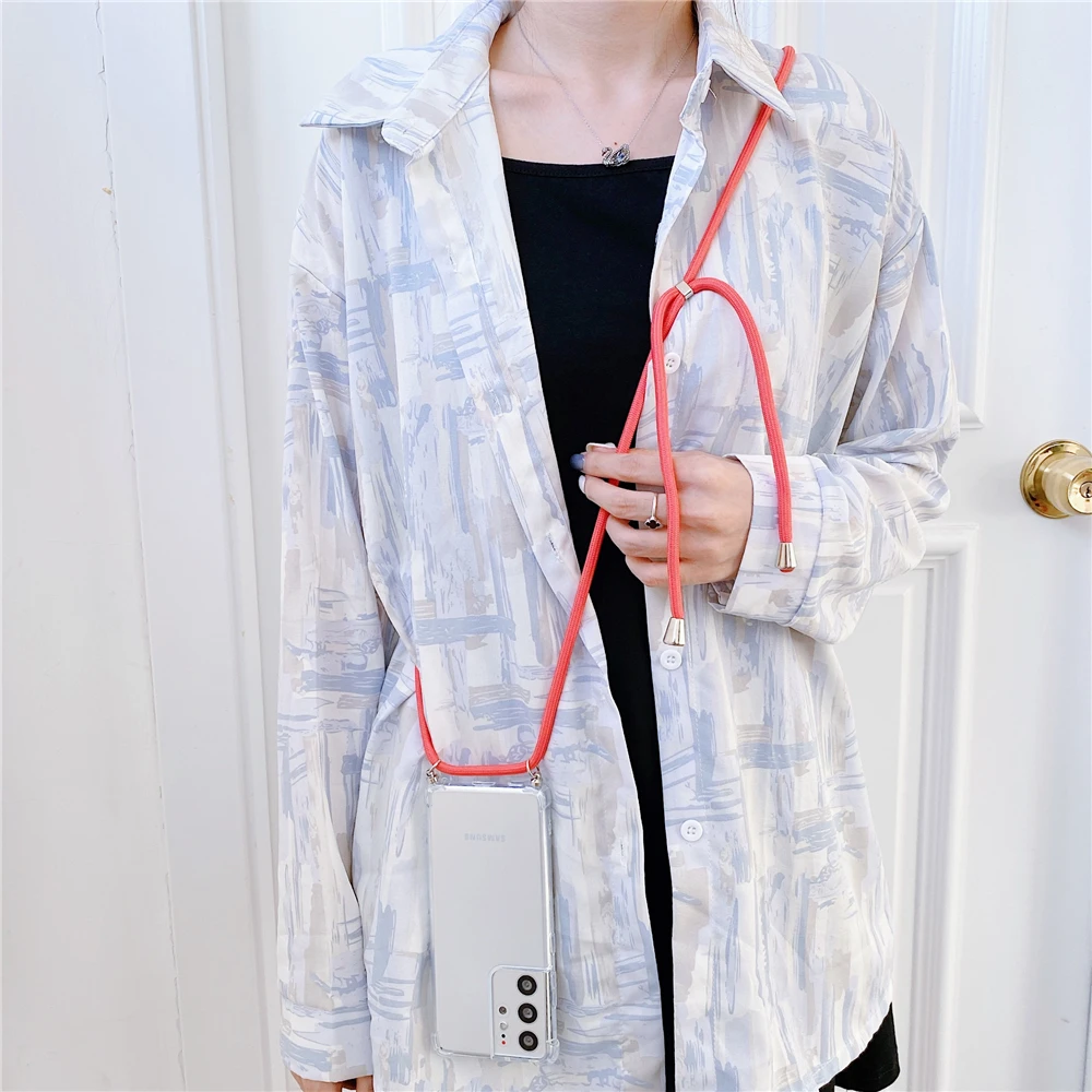 Neck Strap Lanyard Cord Rope Phone Case For Samsung S22 Plus S21 FE S20 Ultra S10 5G Lite S9 S8 Hang Clear Soft Silicone Cover cute samsung cases