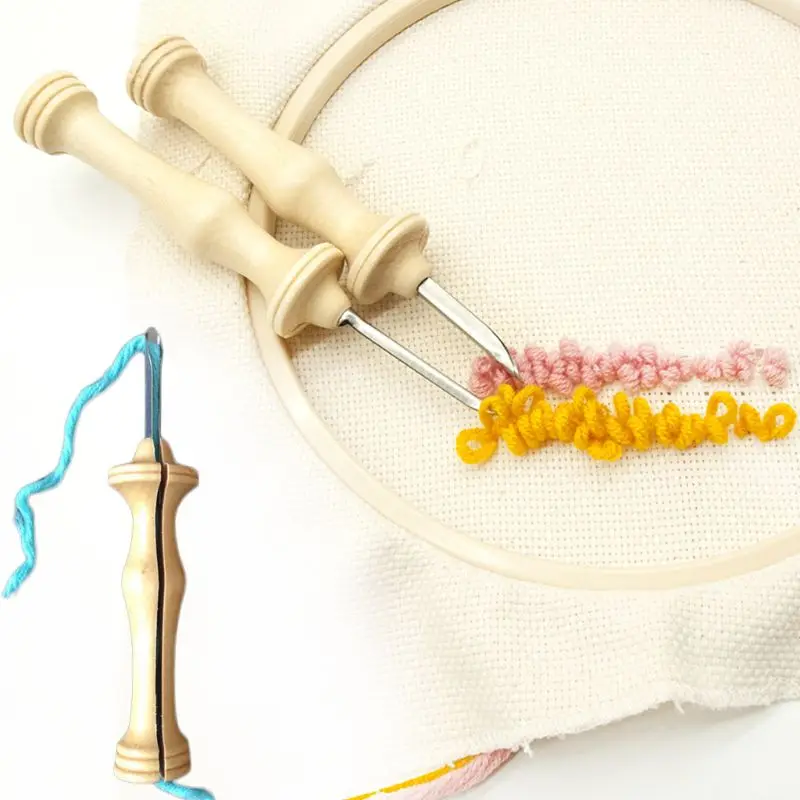 1Pc Knitting Embroidery Punch Threader Needle Pen Side Slit Sewing Accessories DIY Wooden Handle Weaving Tool Craft