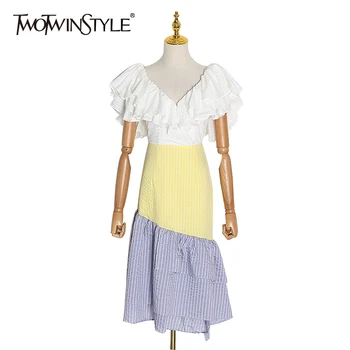 

TWOTWINSTYLE Stripe Ruffle Hit Color Women's Dress V Neck Short Sleeve High Waist Dresses Female 2020 Spring Fashion New