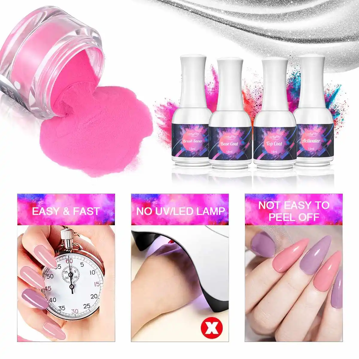 

Luckyfine Professional Dip Powder Nail Color Kit 8 Colors Nail Filenail Brush Decoration Lasting Natural Suitable for Beginners