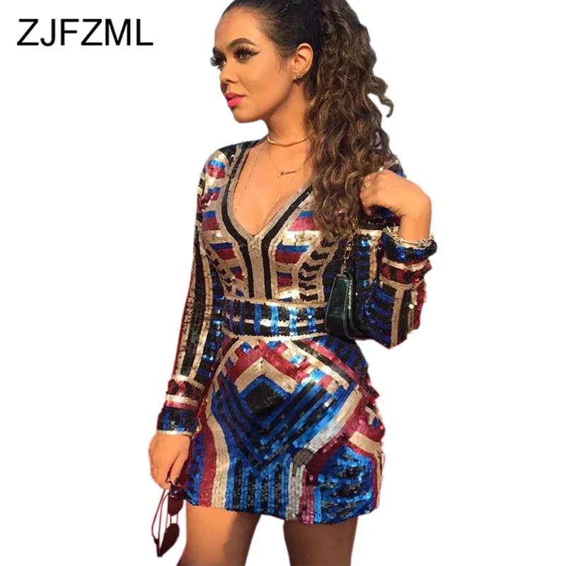 

Sexy V Neck Colorful Sequin Dress Women Long Sleeve High Waist Short Autumn Dress Party Night Club Bodycon Package Hip Dress