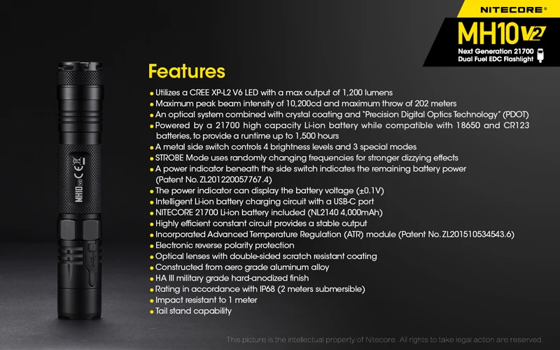 USB-C Rechargeable NITECORE MH10 V2 LED EDC Flashlight (27)