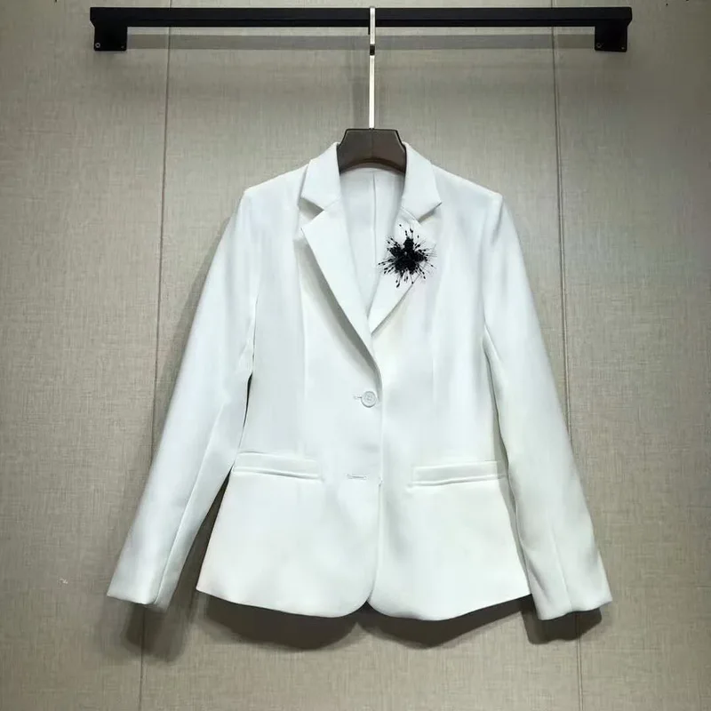

High Quality Blazer Jacket 2019 Autumn Elegant Work Blazers Women Notched Collar Sequined Beading Flowers Black White Blazers