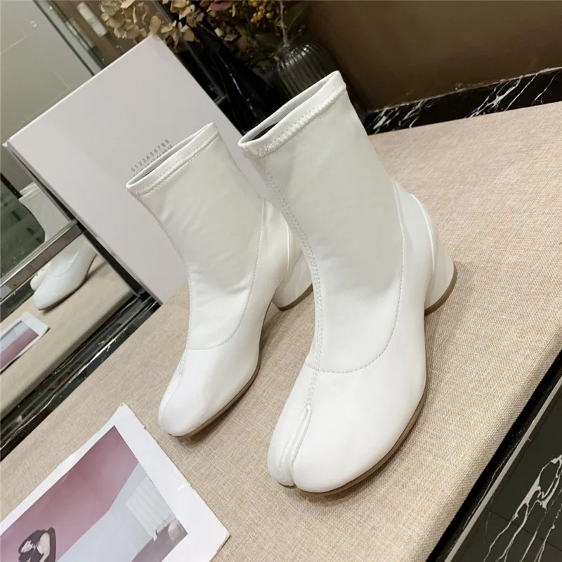 New Autumn Stretch Ankle Boots Novelty Split Toe Boots Women Cozy Round Heel Genuine Leather Riding Booties Fashion Short Botas