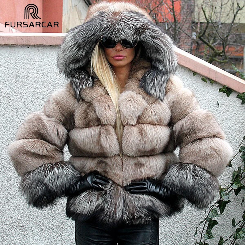 FURSARCAR Women Real Blue Silver Fox Fur Coats With Hood Patchwork ...