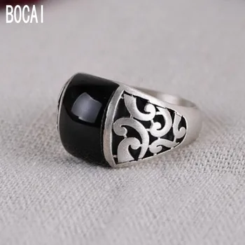 

S925 silver jewelry Thai silver matte surface Tang grass pattern inlaid black agate ring for Women new woman's ring