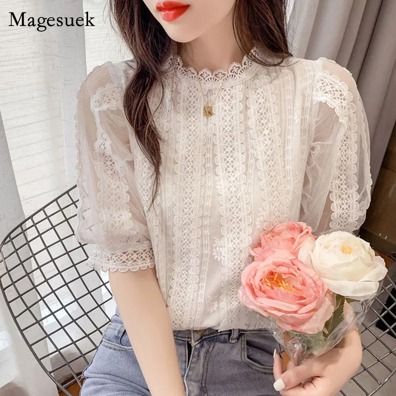Camisas de encaje hermosas y elegantes para blusas blancas de cuello alto, Blusa manga corta farol, ropa 2021|Blusa| - AliExpress