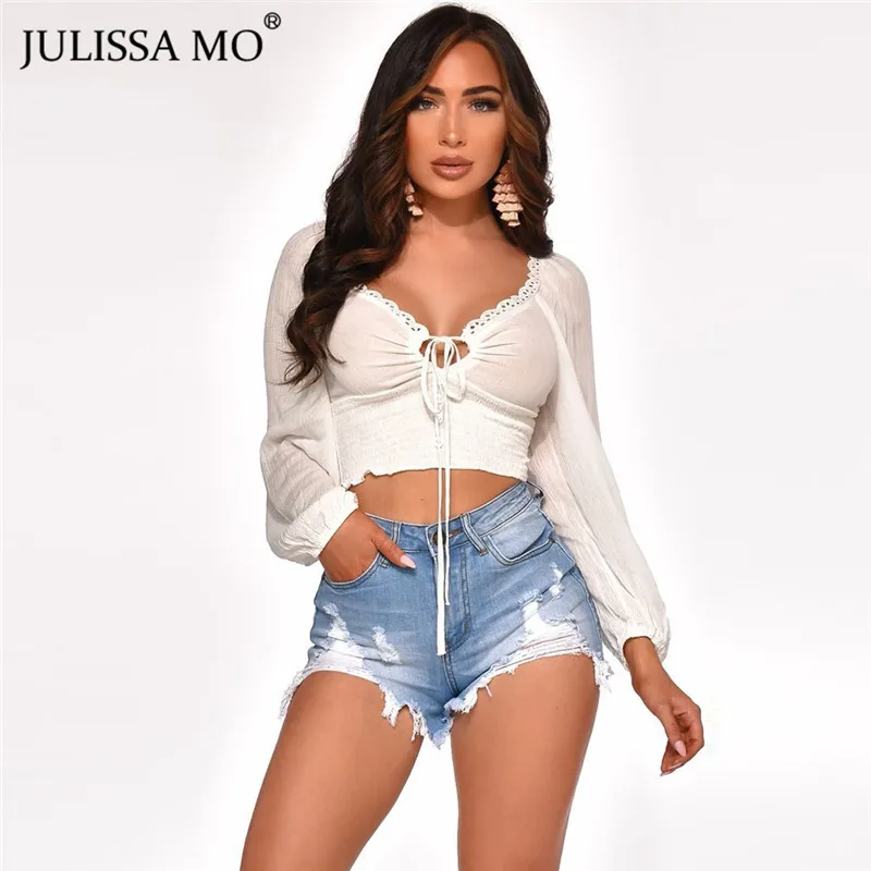 JULISSA MO белые сексуальные футболки с открытыми плечами женские топы Осенняя футболка без бретелек на шнуровке модная футболка для вечеринки с длинным рукавом
