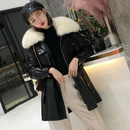 black beige fur 1 Женская куртка из натуральной кожи, Осень-зима, 90% утиный пух, куртка для женщин, натуральный Лисий мех, настоящая овчина, пальто, Chaqueta Mujer - Цвет: black beige fur 1