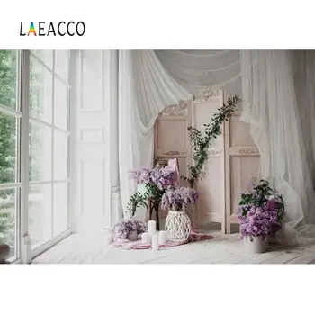 

Laeacco Gray White Screen Old Rural House Wood Floor Curtain Potted Flowers Interior Child Photo Background Photography Backdrop