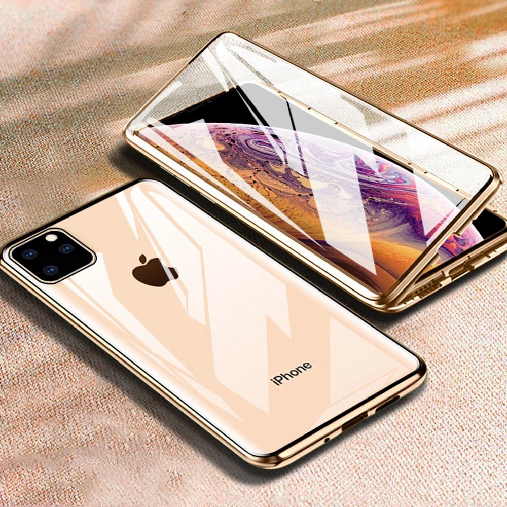 OTAO, металлический магнитный чехол для iPhone 11 Pro MAX, двухсторонний стеклянный Магнитный чехол на заднюю панель для iPhone 11, полный Чехол, флип-чехол