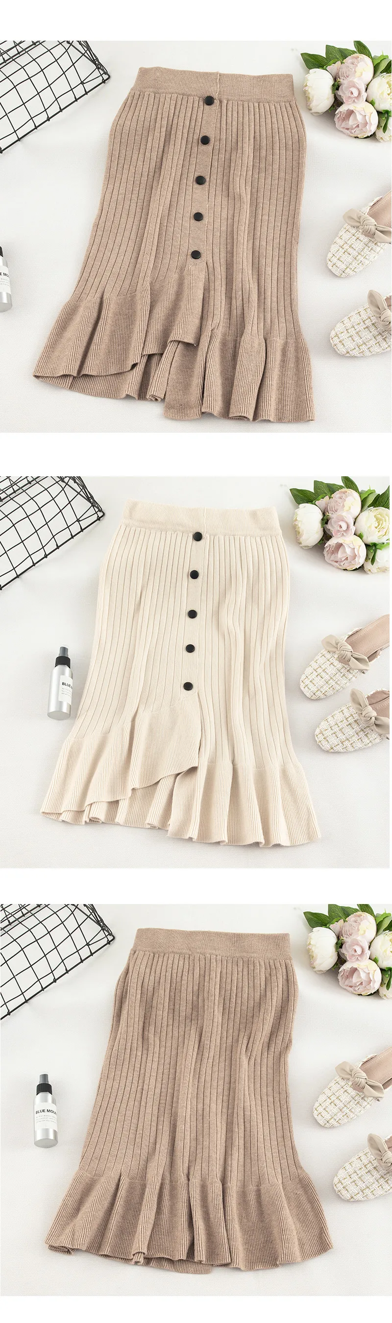 Autumn Winter Ruffle Women Knitted Skirts High Waist Mermaid Skirt Knitting Single Breasted Midi Skirt Irregular Femme Jupe