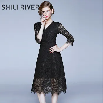 

2020 new spring summer runway designer party dress for women short sleeves slim casual lace elegant V neck tassels dresses black