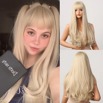 HENRY MARGU Long Natural Wavy Platinum Blonde Wigs with Bangs Cosplay Party Lolita Synthetic Wigs for Women Heat Resistant Fiber 1
