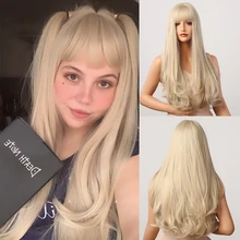 HENRY MARGU – Perruque longue blonde platine pour femme, extension capillaire en synthétique, ondulée et naturelle avec frange, parfait pour déguisement de Lolita, fibres résistantes à la chaleur