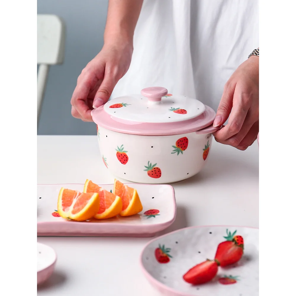 ceramic dinner plates cute girl strawberry printed dinnerware set breakfast dishes and plates sets ins cutlery tableware For cutlery set