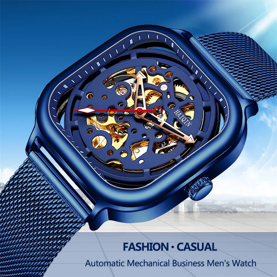 Для мужчин s часы Лидирующий бренд бизнес HAIQIN новые автоматические механические часы мужские водонепроницаемые Lumnious синий сетчатый ремешок Relogio Masculino