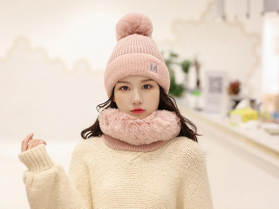 new cashmere beanie scarf set embroidery letter beanie solid color fur scarf set pom poms beanie