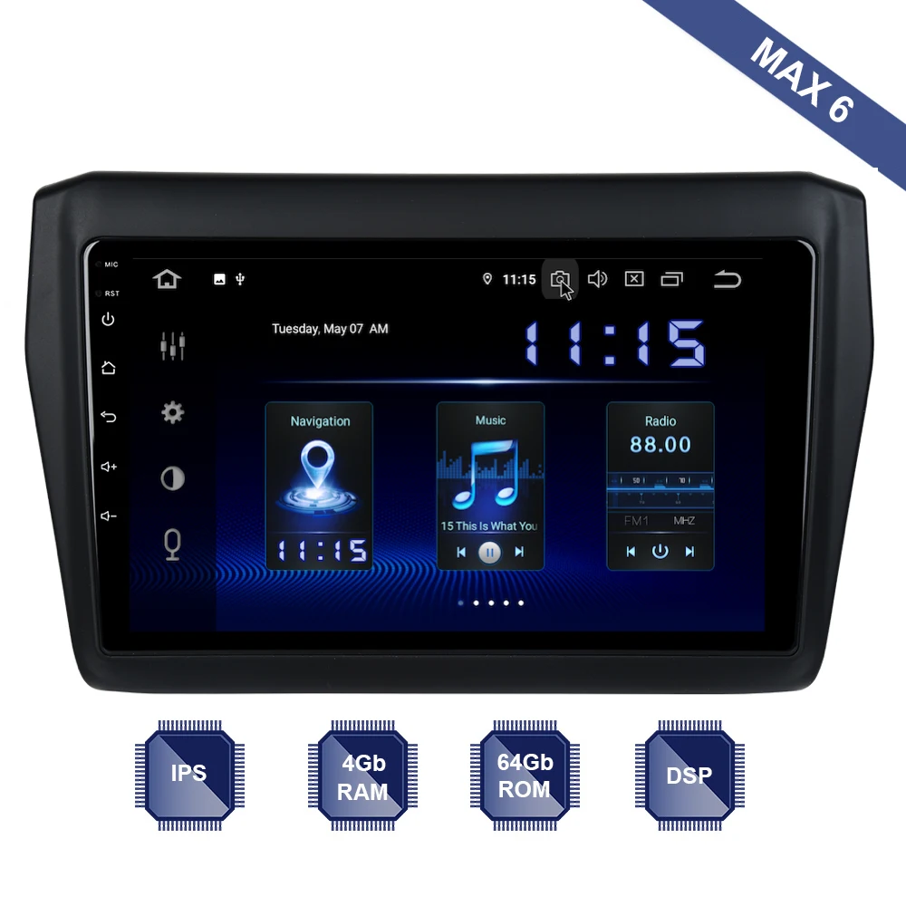 Автомагнитола Dasaita 2 Din Android 10 GPS для Suzuki Swift Stereo 2018 2017 2019 PX6 DSP IPS HDMI 4 Гб + 64 ГБ RDS Wi-Fi USB