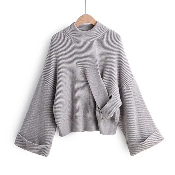

2019 New Winter Autumn Sweater For Women O-Neck Knitted Pullover Female Long Sleeve With Design And Flare Sleeve Knitted Top