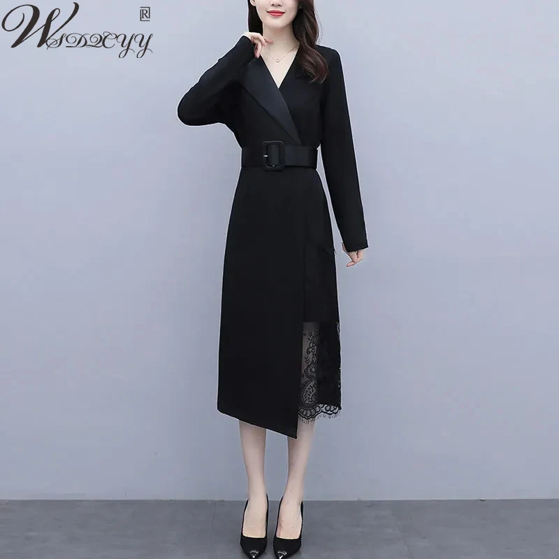 

Spring Autumn Suit Dress Women Vintage Black Plus Size Dress Korean Fashion Lace Patchwork Long Sleeve Dress Office Lady Dress