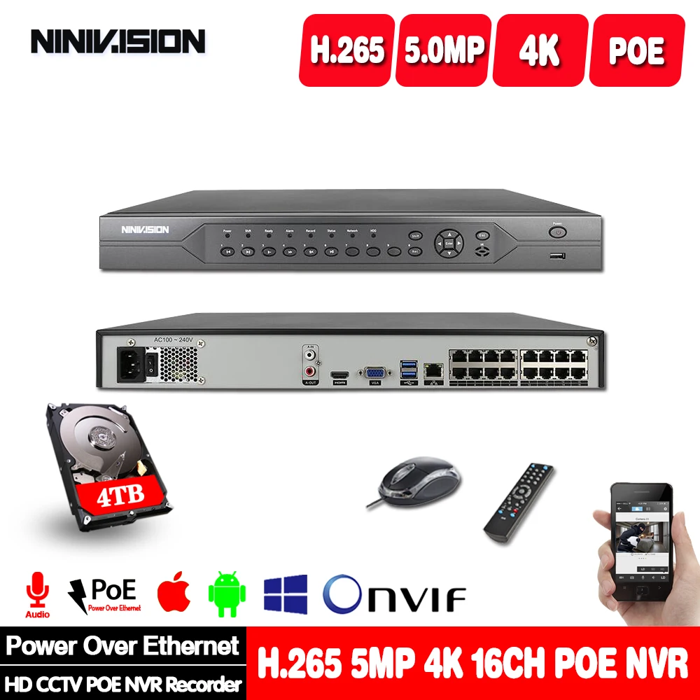 H.265 16CH 8CH 4K 5MP 4MP 3MP 48V Real POE NVR XMEYE P2P ONVIF сетевой видеорегистратор для ip камеры CCTV