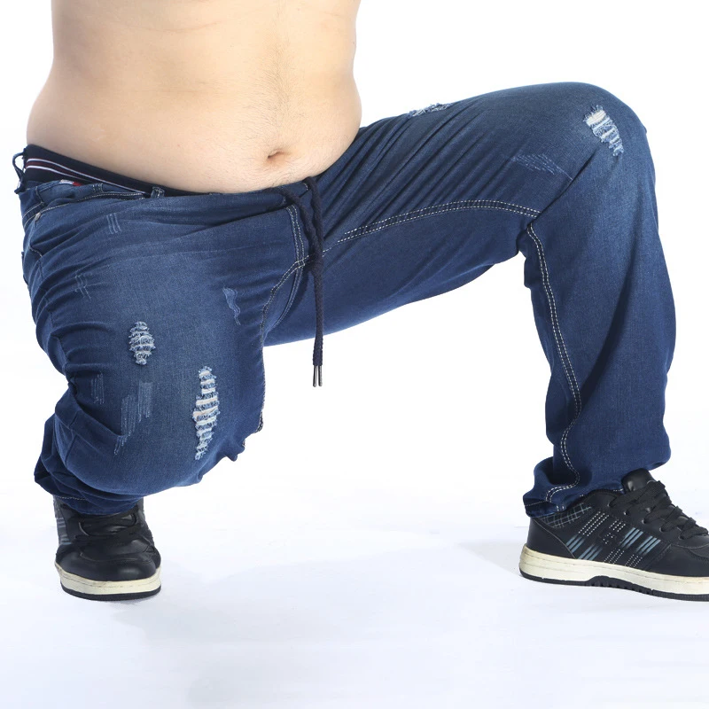 Летние и осень высокие эластичные прямые джинсы свободные большие размеры Высокая талия длинные брюки мужские толстые брюки