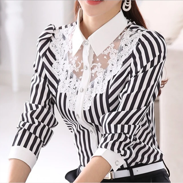 Lace sheer mesh patchwork office blouse white black striped shirt oversized button down shirts ladies plus size tops women C454 1