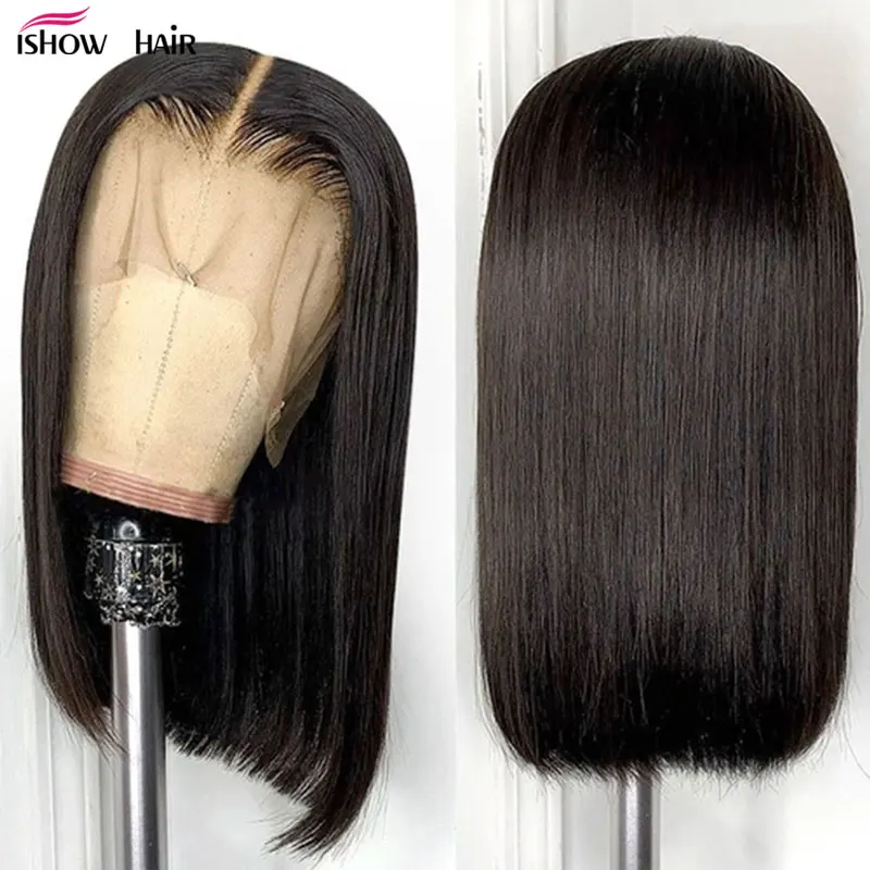 Ishow-Peluca de cabello humano Bob con corte Romo, pelucas de cabello humano con encaje Frontal Bob recto brasileño, minimechones 13x4x1