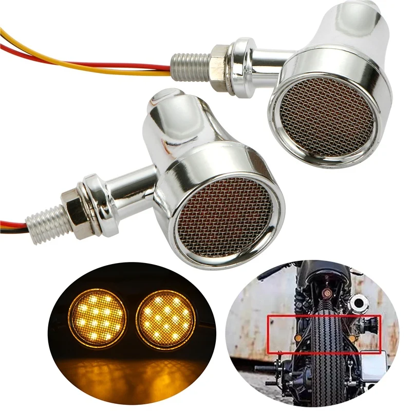 

2pcs Motorcycle Universal Turn Signal Light Mesh Grill Amber LED Flashers Indicator for Harley Cruiser Cafe Racer Chopper Custom