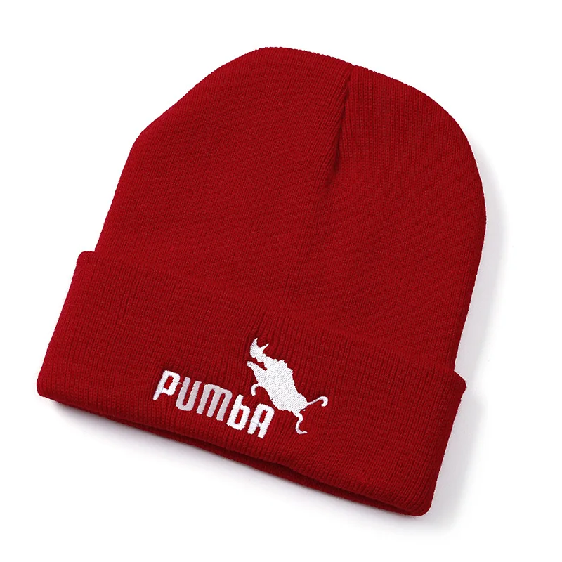 Red New Wild Boar Animal Embroidery Knitted Cap Fall and Winter,unisex beanie,outdoor hat for men and women - Color: Red