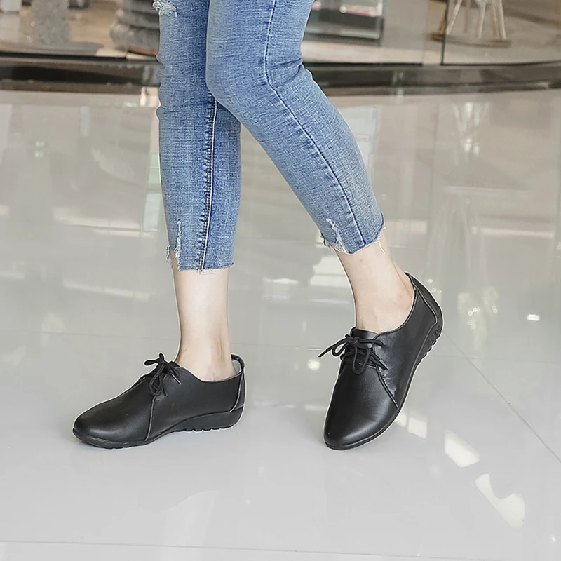 Women Brogue Shoes Genuine Leather Flat Shoes Dress Shoes Womens Round Toe Lace-up Debby Shoes Women Black Cross Tied Size 34-41