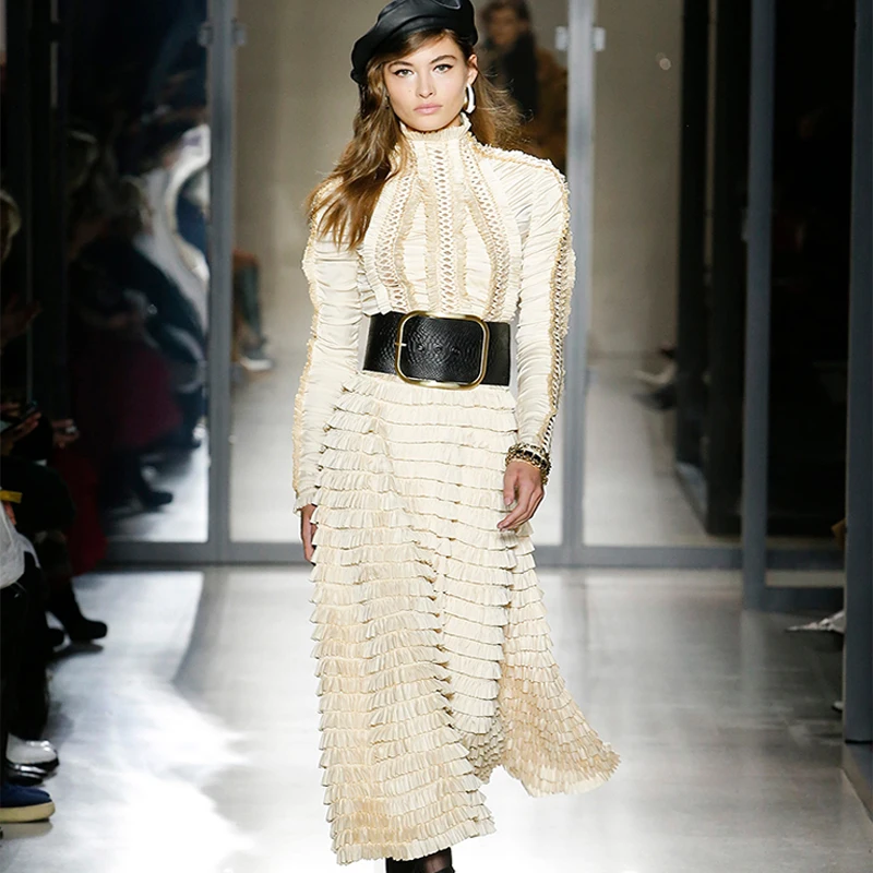 

2019 Autumn Runway Woman Maxi Dress Long Sleeve High Waist Cascading Ruffles Lace Up Pleated Dress Elegant Vestidos