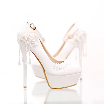 

White High Heels 14cm Women Wedding Shoes Pearl Platform Bride Pumps Tassel Lace Flowers Ankle Strap Ladies Sexy Party Shoes
