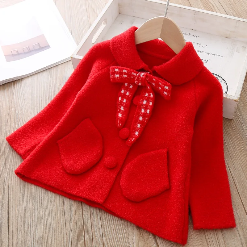 Осень-зима, Свитера для девочек, куртки для девочек, для малышей, вязаные банты - Цвет: red