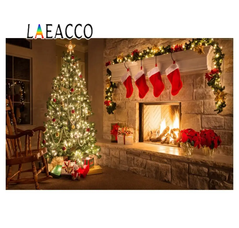 Laeacco Christmas Tree And Socks Fireplace Living room Scenic Customerized Backdrop Photography Background For Photo Studio |