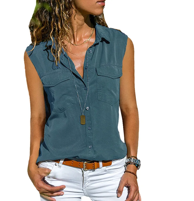Europe And America Summer New Style Women's Shirt Fold-down Collar Sleeveless Shirt Women's Dress