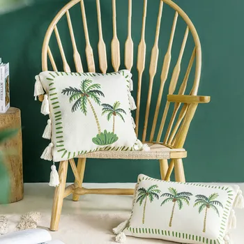 

DUNXDECO Cushion Cover Decorative Pillow Case Modern Simple Fresh Lush Green Coconut Tree Tassel Coussin Sofa Chair Decorating