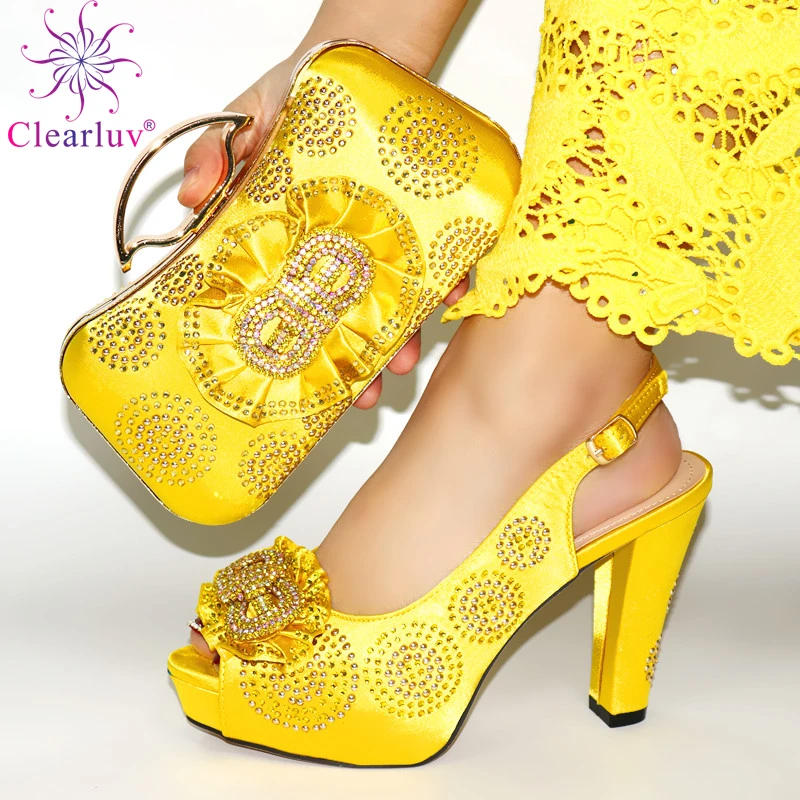 yellow Latest Design African Women Wedding Shoes and Bag Set Decorated with Rhinestone Luxury Party Pumps | Обувь