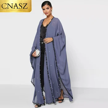 2025 New Muslim Abaya For Women  Kaftan Mesh Pearls Chiffon Fabric Islamic Clothing Worship Service Dubai Middle East Fashion