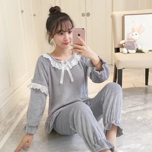 Пижамы женские зимние фланелевые теплые пижамы набор женские с длинным рукавом толстые пижамы костюм дамы полосы кружева принцесса домашняя одежда