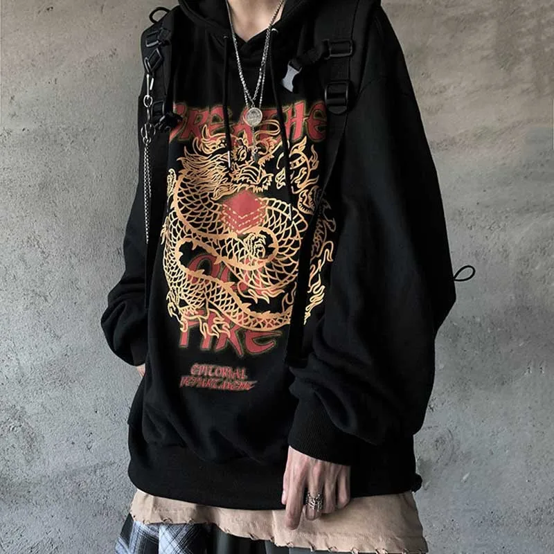 NiceMix Dropshipping Round Neck Chinese Style Long-sleeved Shirt Hoodie Autumn Winter Hip-hop Oversized Rock Band Sweatshir - Цвет: Черный