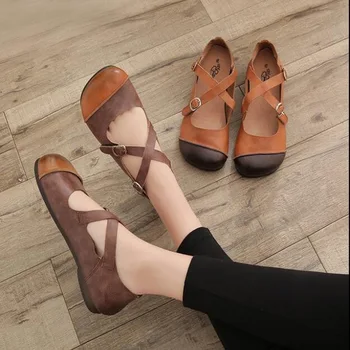 

vintage Ballerinas Women Handmade Shoes women Genuine Leather Buckle Strap Ladies Shoes 2019 Autumn Women Flat Soles