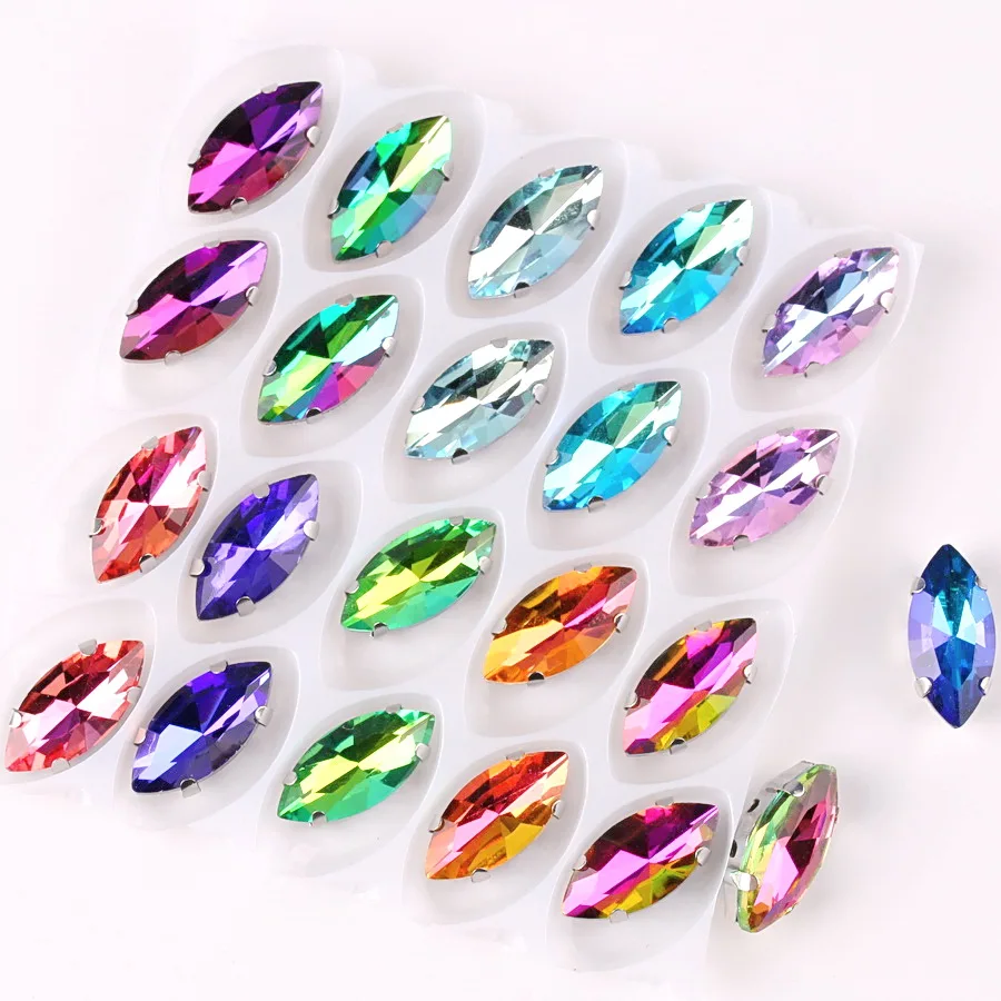Navette-förmige Silberkrallenfassungen, 20 Stück, Regenbogen- & Jelly-Candy-AB-Farben, Glaskristall, 7*15mm, zum Aufnähen, Strass für Taschen, DIY-Verzierung