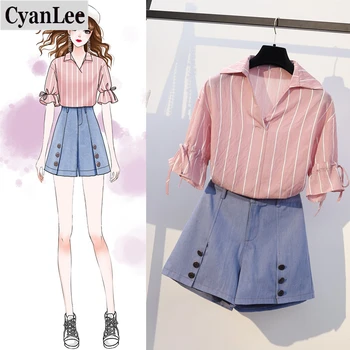 

Plus Size 2 Piece Set Women 2020 New Summer Clothing Striped Blouse Tops+High Waist Jean Shorts Suit Female Casual Loose Sets