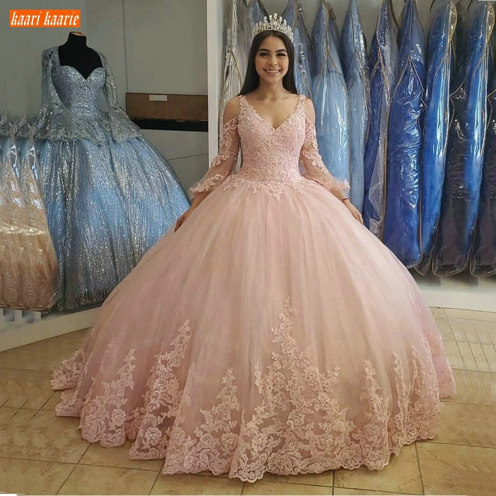

Fabulous Boho Pink Wedding Dresses V Neck Appliqued Lace Beaded Tulle Ball Gown Bride Dress Long Marry Custom Made Wedding Gowns