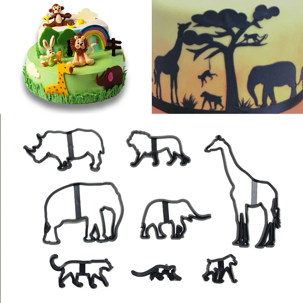 8Pcs Animal Cookie Cutter Plastic Elephant Lion Giraffe Leopard Fondant Cutter Safari Silhouette Cake Mold Bake Decorating Tools