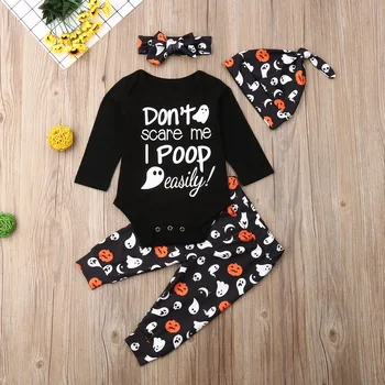 

Pudcoco Newborn Baby Boy Girl Clothes Halloween Letter Print Romper Tops Pumpkin Print Long Pants Headband Hat 4Pcs Outfits Set