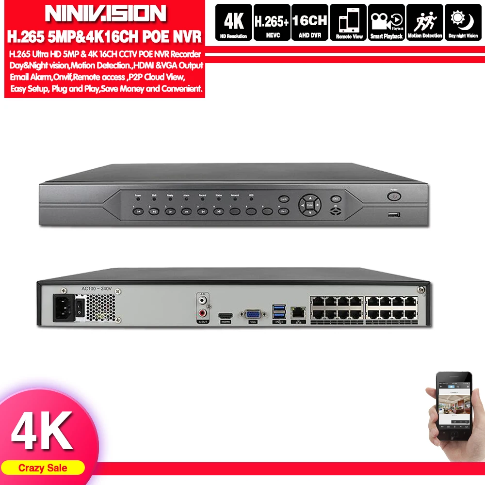 H.265 16CH 4K 48V POE NVR для 3.0MP 4.0MP 5.0MP ONVIF IP PTZ камера система видеонаблюдения 2 SATA 8CH P2P